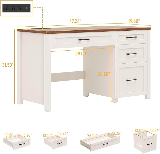 Farmhouse 47" Executive Desk, Computer Desk with File Drawer and Charging Station, Workstation for Home Office, Study.（Unique White）