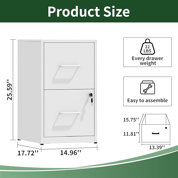2 Drawer File Cabinet with Lock, Vertical File Cabinet with Lock, Locking File Cabinet Hanging Files for A4/ Legal/Letter, Assembly Required, White