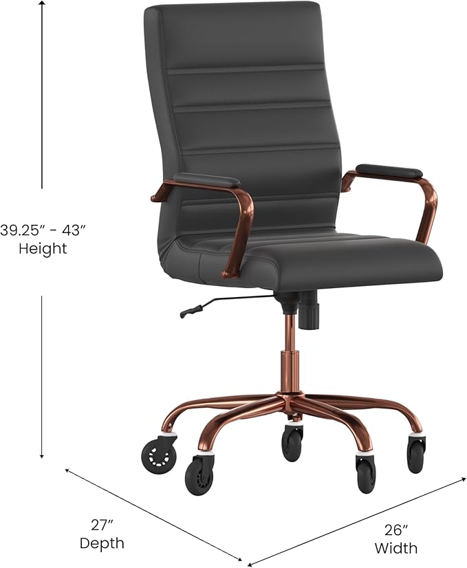 Flash Furniture Whitney High Back Black LeatherSoft Executive Swivel Office Chair with Rose Gold Frame, Arms, and Transparent Roller Wheels