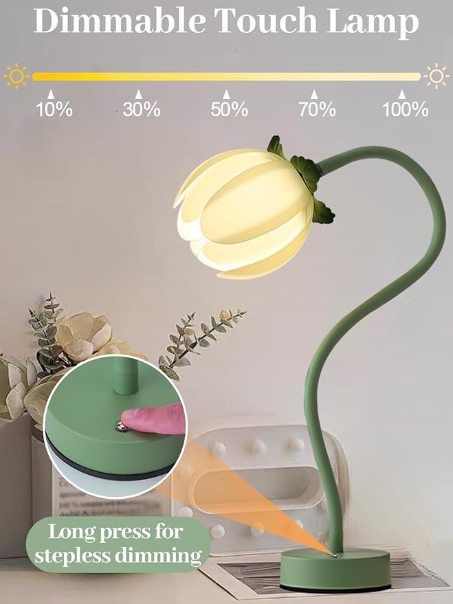ONXE Tulip Desk Lamp - Rechargeable 3 Color Dimmable Flower Night Light, 360° Bendable Gooseneck, Cordless Metal Table Lamp for Bedroom Decor, Gifts for Women & Teens