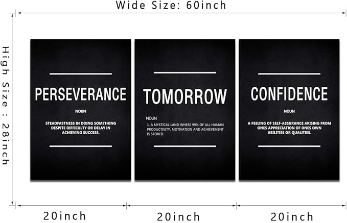 Modern Art Inspirational Giclee Canvas Wall Art Combination PERSEVERANCE TOMORROW CONFIDENCE Art Print Office Teamwork Home Classroom Wall Decor Set of 3 Framed Ready to Hang-60¡±Wx28¡±H