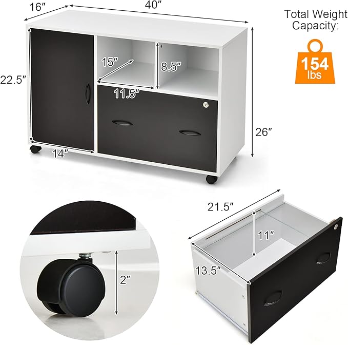 Lateral File Cabinet with Lock, Filing Cabinet for Legal/Letter/A4 Size Files, 40” Printer Stand with Open Storage Shelves for Home Office, Mobile File Cabinets on Wheels