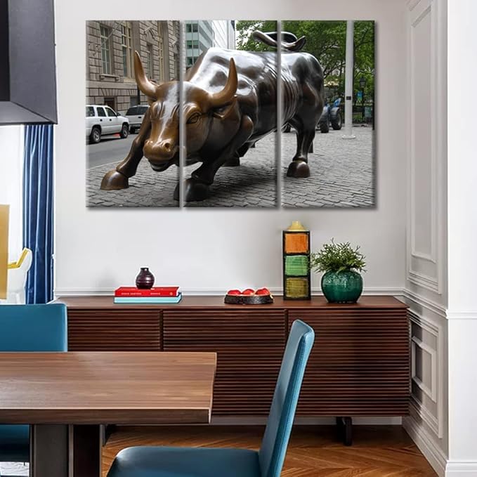 TUMOVO 3 Panel Inspirational Wall Art, A Bull Full of Courage and Strength Print On Canvas for Office Family School Wall Decor Gallery-Wrapped Stretched and Framed Ready to Hang - 36" Wx24 H