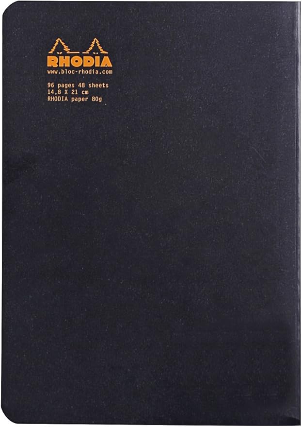 RHODIA 119189C - Black Piqué Notebook - A5 - Lined - 96 pages - White Clairefontaine paper 80 g/m - Soft, resistant and waterproof coated card cover - Classic