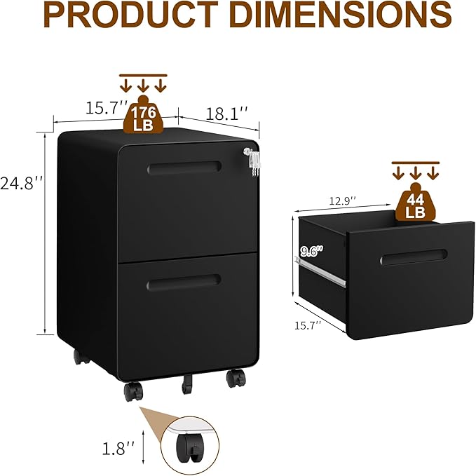 2 Drawers Metal Filing Cabinet with Lock, with 25 File Folders, Mobile Vertical Cabinet with Fully Assembled Except Casters, for Home Office, Black