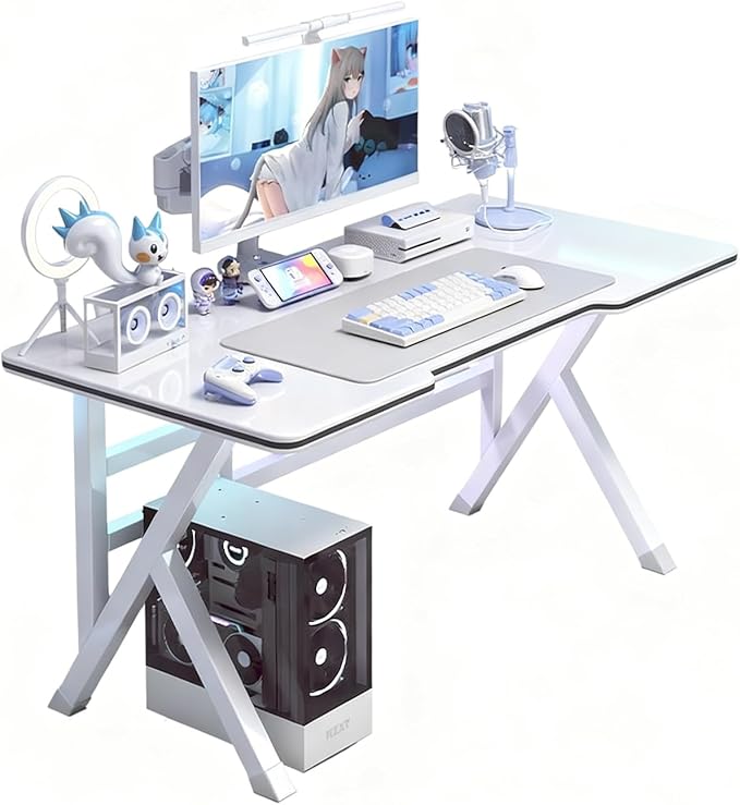 Large Gaming Desk, K-Shaped PC Gaming Table for Home Office, Ergonomic Computer Desk, Space-Saving, Easy Assembly (White 32 Inch)