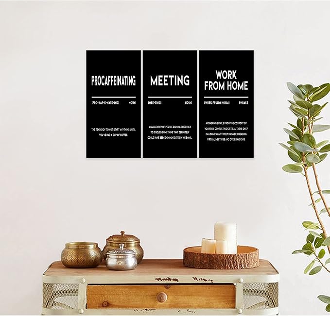 3 Piece Inspirational Canvas Wall Art, Quotes "Procaffeinating - Meeting - Work From Home" Motivational Print Pictures, Triptych Entrepreneur Poster Framed Artwork for Men Women Room Decor(36"Wx18" H)