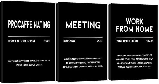 3 Piece Inspirational Canvas Wall Art, Quotes "Procaffeinating - Meeting - Work From Home" Motivational Print Pictures, Triptych Entrepreneur Poster Framed Artwork for Men Women Room Decor(48"Wx24" H)