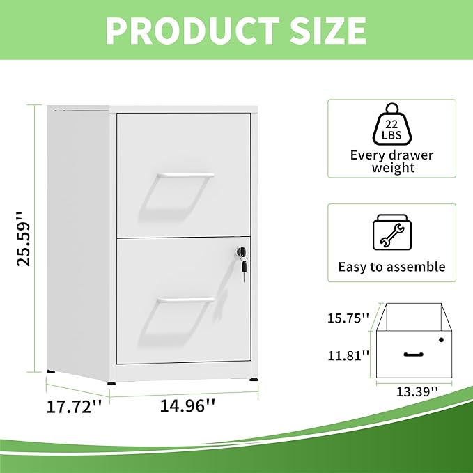 2 Drawer File Cabinet with Lock,White Metal Filing Cabinets for Home Office,Steel Vertical File Cabinet,Heavy Duty Metal Storage Cabinet for Letter Size Files,Assembly Required