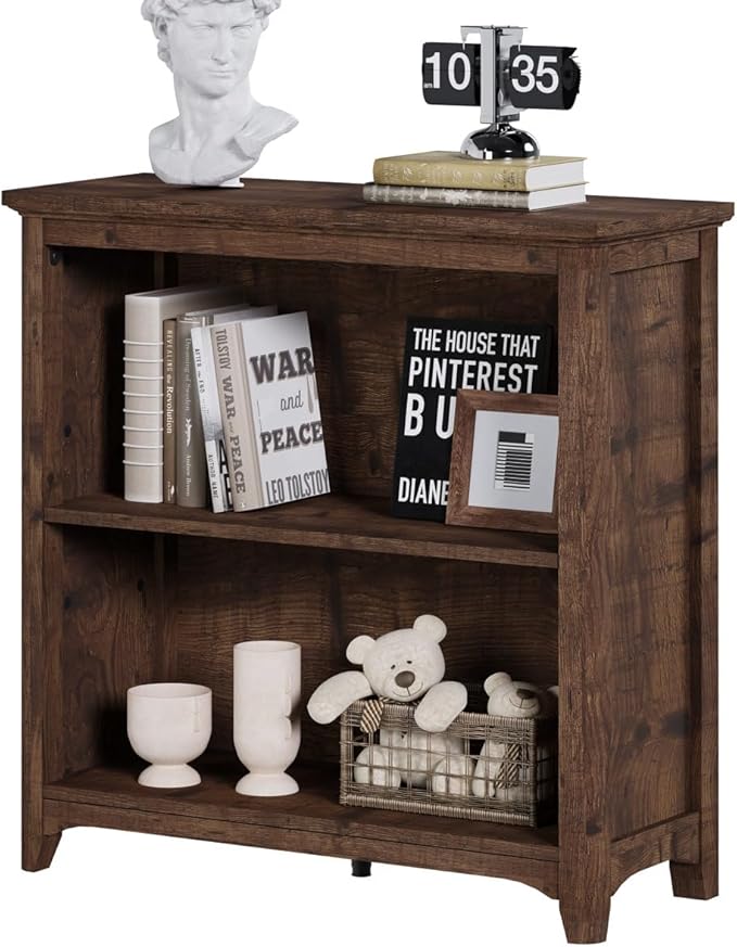BON AUGURE Bookcase, Open Storage Book Cases/Shelves, Floor Standing 2 Shelf Bookshelf for Farmhouse Living Room, Library Office, Bedroom, Kids (Rustic Oak, 30 in)