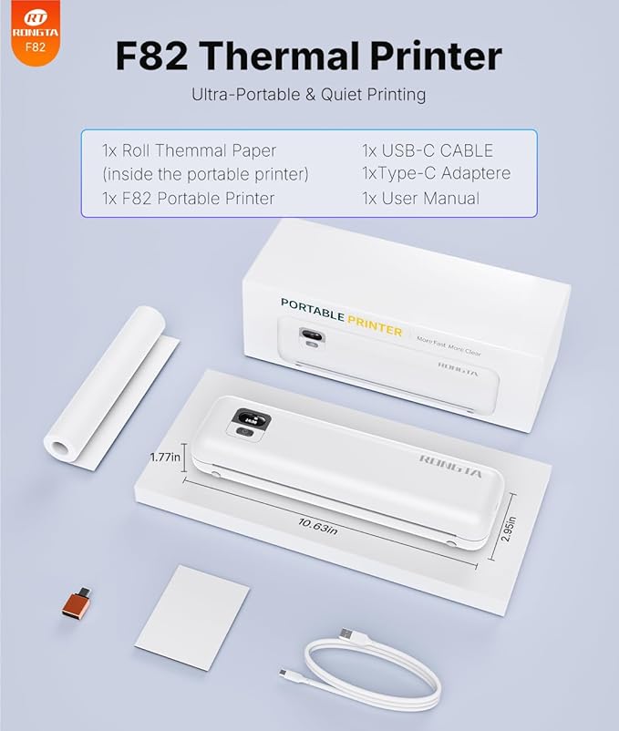 Rongta Portable Printer Wireless for Travel, Thermal Inkless Printers for 8.5"*11" US Letter, Compatible with Android iOS Smartphone, Mac Windows Laptop for Office, Home, Travel (White)