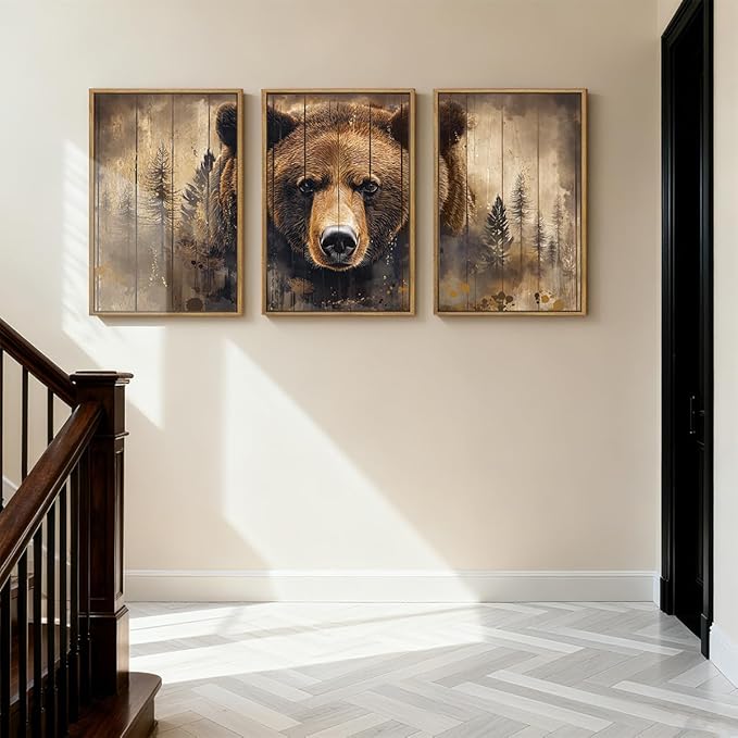 ANHUIB Brown Bear Wall Art 16x24 Inch Forest Paintings Rustic Wildlife Wall Decor Set of 3 for Living Room Bedroom Dining Room