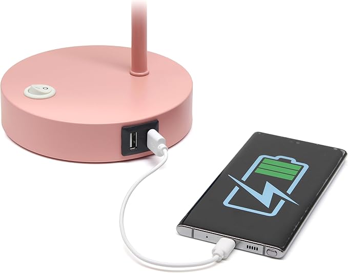 Simple Designs LD1073-BPK 16" Sleek Essentials Metal Looped Desk Task Lamp with Adjustable Shade and Dual USB Ports, for Office, Desk, Nightstand, Blush Pink