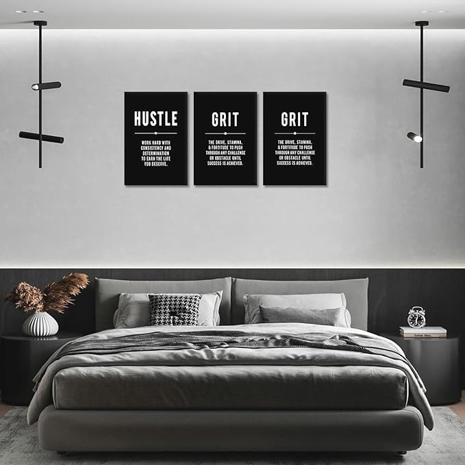 Yatsen Bridge Hustle Grind Execute Canvas Wall Art - 3 Panel Inspirational Quote Prints Black & White Motivational Poster Framed Artwork for Office, Home, or Gym Wall Decor (12x16 in x 3)
