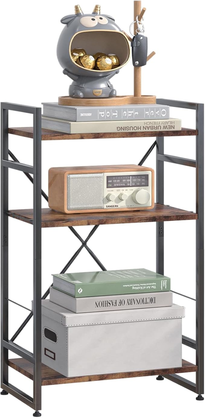 Bookshelf Organizer,3 Tiers Rustic Brown Small Bookcase for Small Space,Industrial Wooden Storage Bookcase Display Rack and Storage Organizer for Living Room and Home Office