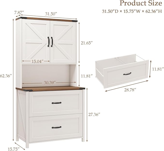 File Cabinet with 2 Drawer for Legal/Letter/A4 Size Hanging Files, Farmhouse Filing Cabinet with Adjustable Shelf, Large Wood File Cabinets for Home Office Printer Stand with Bookshelf, Rustic White
