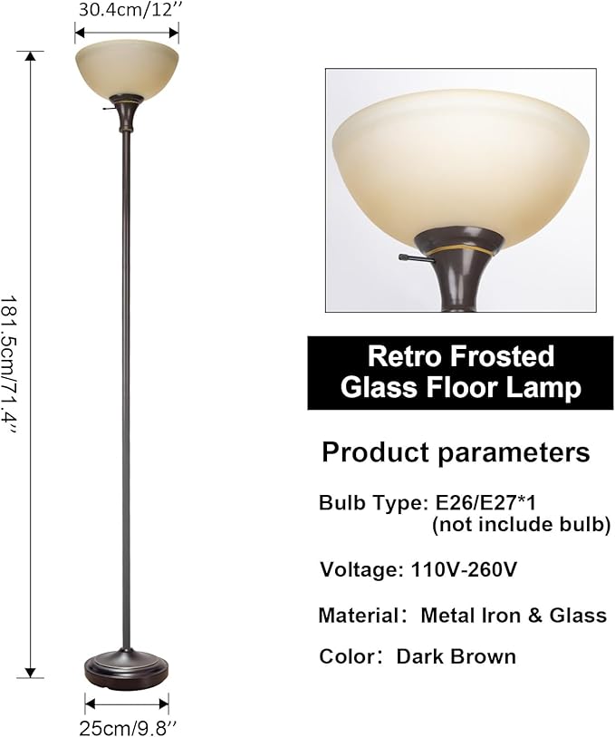 HonoDing Floor Lamp Frosted White Glass Bowl Shade - for Room Decor - Bedroom Decor - Floor Lamp for Bedroom - Floor Lamps for Living Room (Brown)