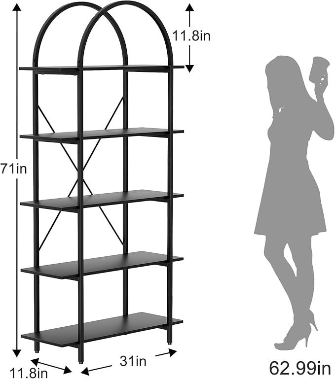 Arched Bookshelf 5 Tier Book Shelf, 31.5 Inch Width Industrial Arch Bookcase, Curved Tall Bookshelf with Open Shelves for Home Office, Living Room, Bedroom, Black