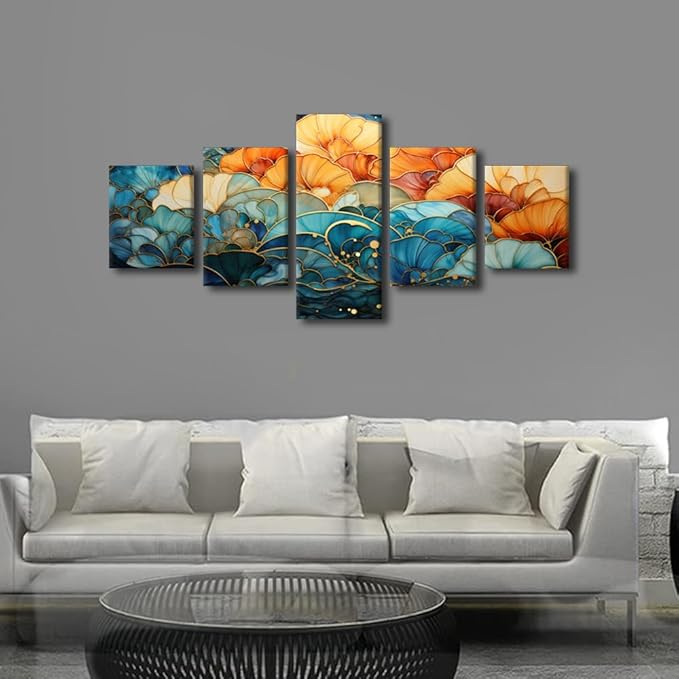 Flower Canvas Wall Art Decor Modern 5 Panel Canvas Artwork Abstract Canvas Wall Art Printing Blue and Orange Colors Poster for Living Room Wall Decor Stretched and Framed Ready to Hang 50x24 in