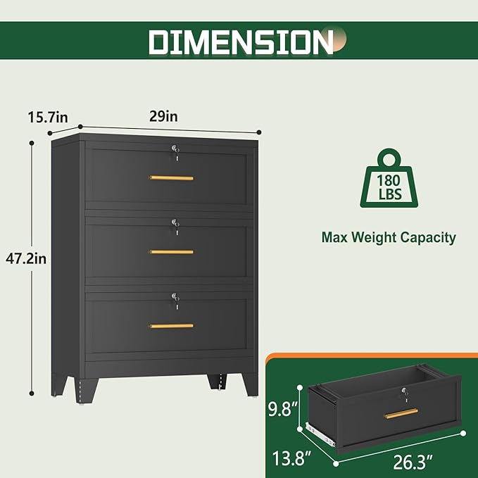 3 Drawer File Cabinet with Lock, Metal Lateral File Cabinets for Home Office, Steel Wide Filing Organization Storage Cabinets, Home Office Furniture for Hanging Files Letter/Legal/F4/A4 Size