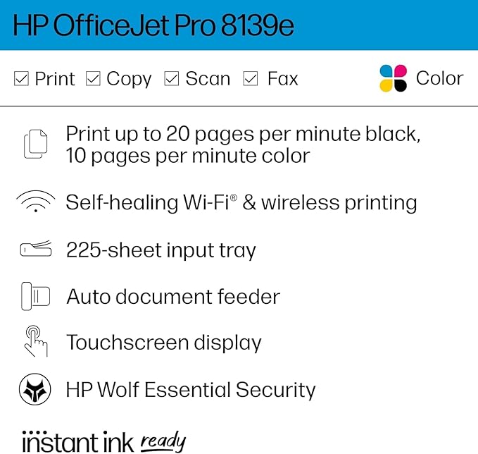 HP OfficeJet Pro 8139e Wireless All-in-One Color Inkjet Printer, Print, scan, Copy, fax, ADF, Duplex Printing Best-for-Home Office, 1 Year of Instant Ink Included (Renewed)