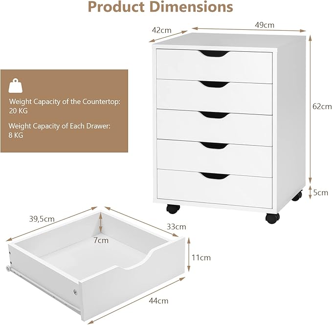 5 Drawers File Storage Cabinet, 26.5" Vertical Filling Cabinet for Home Office, Under Desk Office Drawer Organizer, Universal & Lockable Casters, Rolling Printer Storage Rack (White)