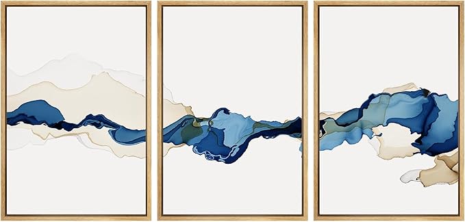 SIGNWIN 3 Piece Framed Canvas Wall Art Blue and Brown Watercolor Nature Wilderness Illustrations Abstract Traditional Relax/Calm Home Artwork Decoration for Living Room,Bedroom - 24"x36"x3 Natural