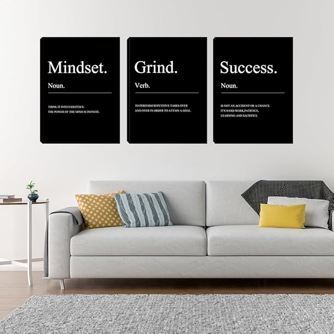 Motivational Canvas Wall Art 3 Pieces Entrepreneur Mindset Quotes Posters Room Decor for Men for Office Inspirational Success Black Canvas Prints Wall Art Home Framed Decor (48" Wx24 H)