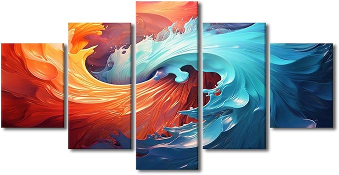 Modern Canvas Wall Art 5 Panel Water and Fire Poster Prints Native Americans Canvas Art Decor for Living Room Bedroom Office Home Wall Decoration Stretched and Framed Ready to Hang 60x32 in