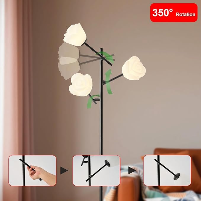 Fiqevs Mid Century Modern Floor Lamp with 3 Adjustable Flower Shade - Floral LED Standing Light with Foot Switch & Light Bulb, Sputnik Tree Lamp for Living Rooms Bedrooms - Black