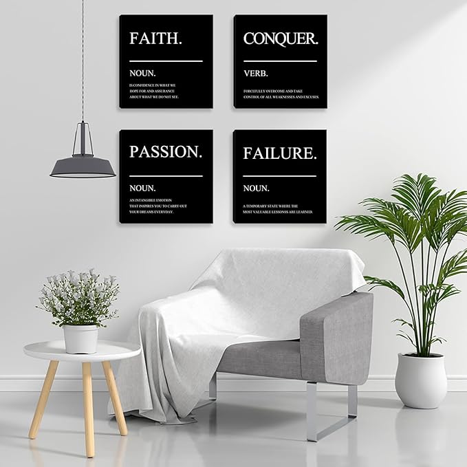 Inspirational Wall Art Motivational Canvas Wall Art Positive Office Wall Decor Poster Black Wall Picture Painting Men Home Office Bedroom Living Room Decor Artwork Framed - 12"x12"x4PCS