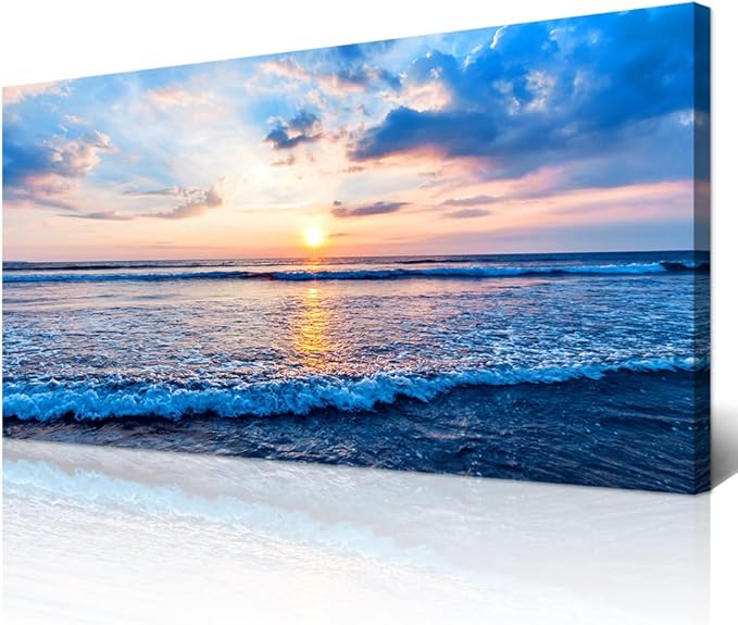 Wapluam Canvas Wall Art For Living Room Large Wall Decor Office Bedroom Home Decorations Blue Beach Ocean Sea Waves Landscape Wall Painting Posters Prints Pictures Wall Mural Artwork 24 X 48 in
