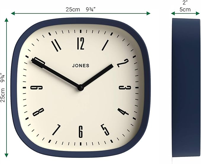 JONES CLOCKS® Marvel Wall Clock | Modern Retro Rounded Square Clock | 10 inch | Indigo Blue | Cool Designer Look for Kitchen, Living Room or Office