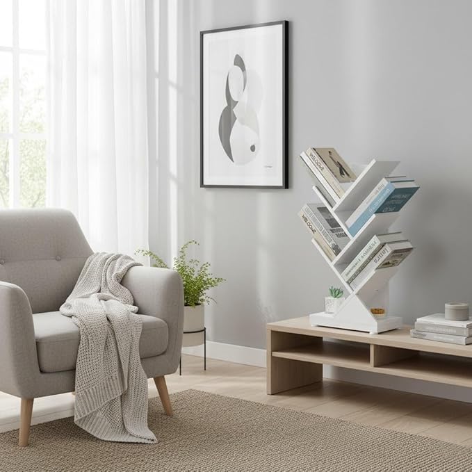 ruboka Tree Bookshelf, Retro Floor Standing Bookcase Display for CDs/Magazine/Books,Small Bookshelf for Bedroom,Living Room,Office,Balcony,Brown Storage Shelves (White, 5 Tier)