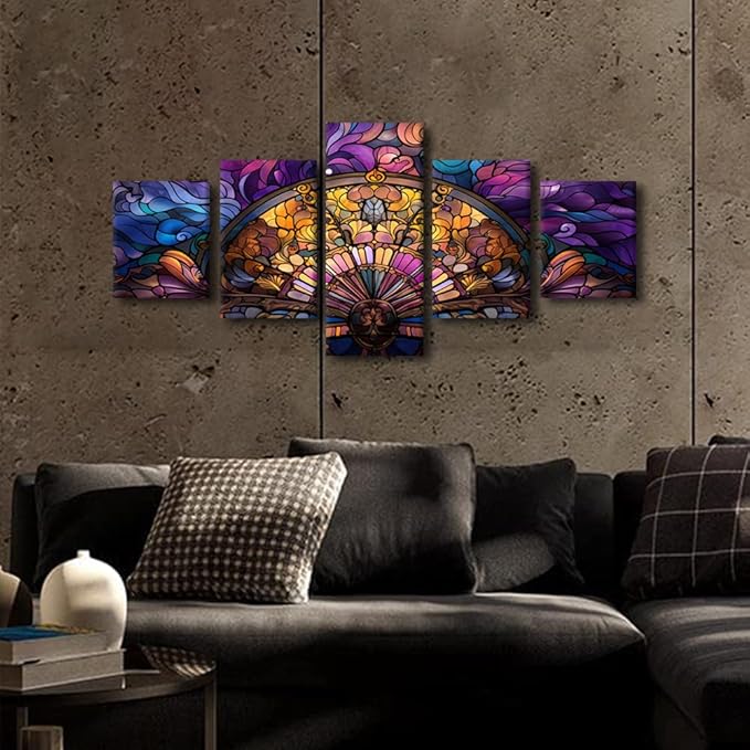 Canvas Wall Art for Bedroom Modern Native Americans Abstract Canvas Wall Decor Stained Glass Style Colorful Poster 5 Panel Fan Canvas Art for Room Decor Stretched and Framed Ready to Hang 50x24 in