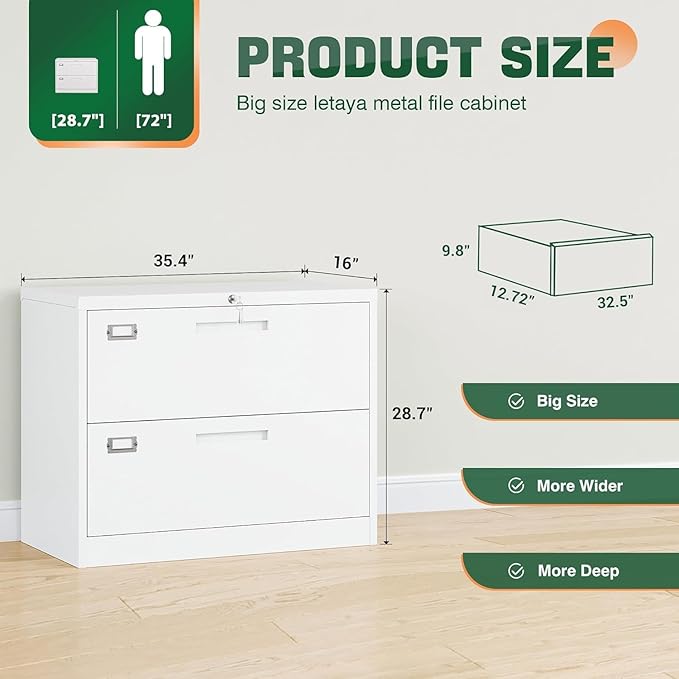 2 Drawer Metal Filing Organization Office Cabinets with Lock,Lateral File Cabinets for Home Office Hanging Files Letter/Legal/F4/A4 Size (2 Drawer-White)