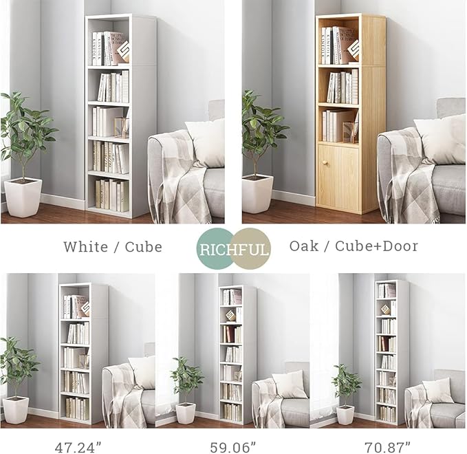 IOTXY Small Narrow Corner Bookcase - 47 Inches Tall Gap Freestanding Storage Cabinet, 5 Lattices Open Shelves Tower Rack, Cubes Bookshelf in White