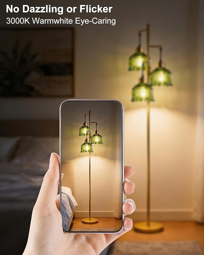 Lightdot 3-Light Floral Floor Lamp 65'' Dimmable Floor Flower Lamp with Green Glass Shade& E12 Bulbs Included, Mid Century Standing Tall Lamp for Living Room/Bedroom/Sofa Beside-Gold