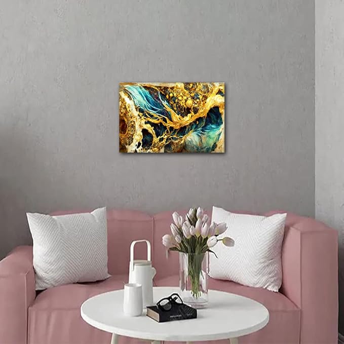 Abstract Canvas Wall Decor Marble Art Picture Artwork Seawater and Flames Poster Printing Modern 1 Panel Canvas Art for Men Lady Living Room Decoraiton Stretched and Framed Ready to Hang 18x12 in