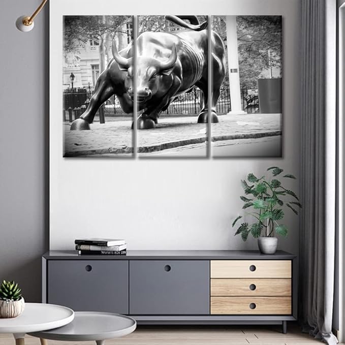 Pictures for Living Room Wall Decoration 3 Panels Black and White Bull Poster Decor for Bedroom Office Living Room Decor Gift Stretched Framed Gallery-Wrapped Ready to Hang - 42" Wx28 H