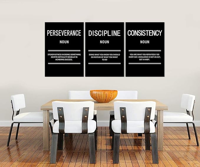 3 Panel Inspirational Canvas Perseverance Discipline Consistency Print Wall Art Motivational Poster Painting Modern Inspiring Artwork for Home Living Room Office Decor Ready to Hang [60''Wx 28''H]