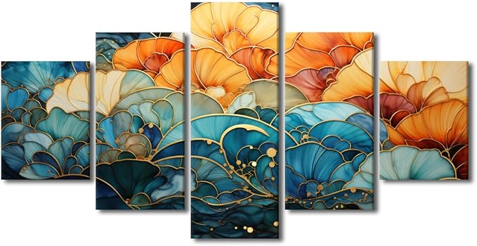 Canvas Wall Art for Lady Modern Abstract Canvas Wall Art Printing Blue and Orange Colors Flowers Poster Prints 5 Panel Abstract Art for Room Wall Decor Stretched and Framed Ready to Hang 60x32 in
