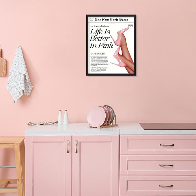 uniro Life Is Better In Pink Poster, Vintage Newspaper Teen Girl Room Wall Decor, Pink Prints For Room, Girly Bedroom Decor, Newspaper Wall Art - 8x10 Unframed
