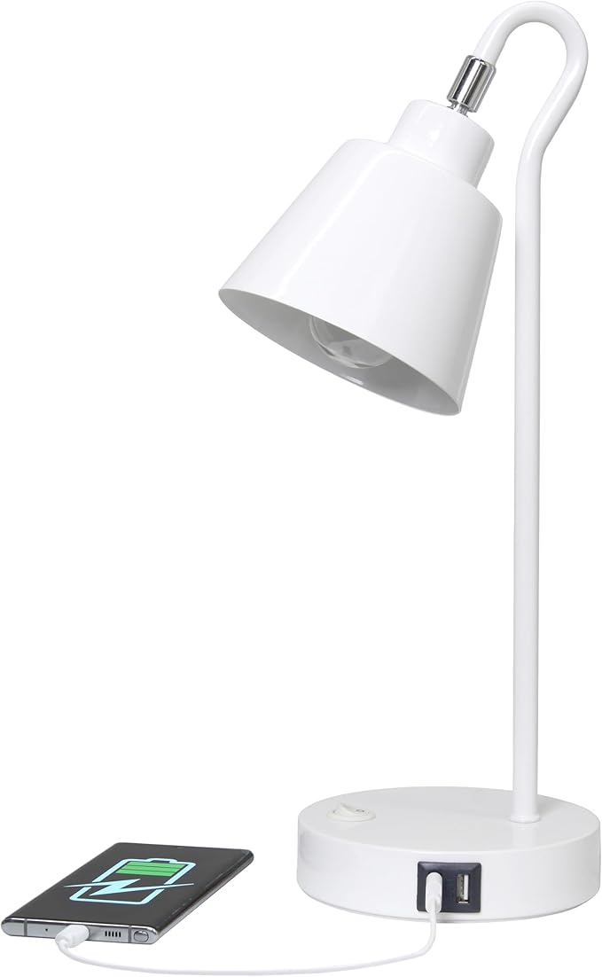Simple Designs LD1073-WHT 16" Sleek Essentials Metal Looped Desk Task Lamp with Adjustable Shade and Dual USB Ports, for Office, Desk, Nightstand, White