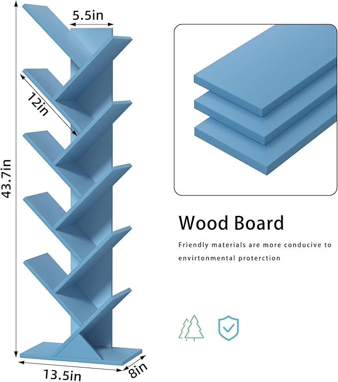 10 Tier Tree Book Shelf, Floor Standing Wood Bookshelf for Narrow Space, Storage Organizer Bookshelves for Books/CDs/Magazine, Bookcase with Shelves for Home Office, Living Room - Pure Blue