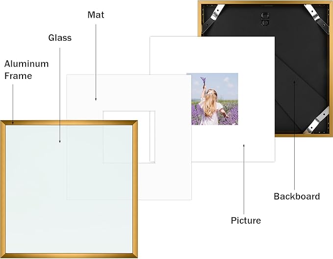 Golden State Art, Gallery Wall Frame Set of 6 - Bronze 8x8 Aluminum Photo Frames with Mat for 4x4 Pictures - 8 x 8 inch Metal Frame with Real Glass Cover - Elegant Home or Office Decor