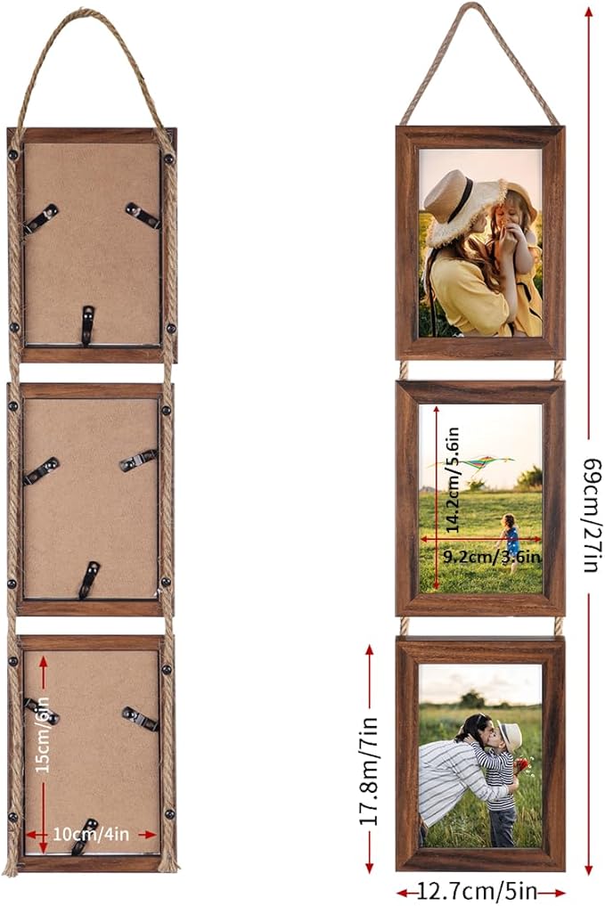 Lavezee 4x6 Collage Triple Picture Frames Set, Walnut Brown 6 Opening Hanging Vertical Frame Made to Display 4 by 6 Inch Photo Print for Wall Decor