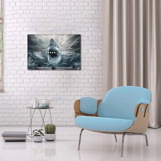 Motivational Wall Art Calm Under Pressure Inspirational Wall Decor Artwork Sharks and Angler Pictures Print Posters Stretched by Wooden Framed for Living Room Home Office Decor - 18”Hx24”W
