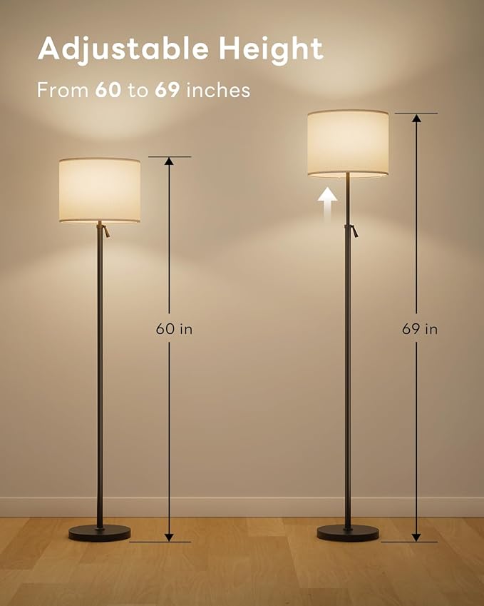 Floor Lamp for Living Room with RGBCW Color Changing Bulbs Dimmable, Adjustable Height Standing Lamp with Remote Control, 10W 1200 Lumen, Tall Lamp for Living Room, Bedroom, Office, Black