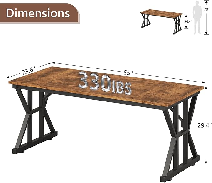TVU Computer Desk, 55 inch Large Office Desk, Study Writing Table with Thicken Frame, Gaming Desk, Modern Simple Desk for Home Office, Rustic Brown
